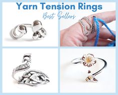 Yarn Tension Ring for Beginning Crocheters & Knitters Can't decide which Yarn Tension Ring to get?  Here are the 8 most popular best sellers! Use this ring to drape your yarn over, instead of winding the yarn around your fingers for tension.   There are multiple ways to wrap the yarn around the ring.  You can use the photos for example and see which way works best for you.  You may find certain ways work better for certain types if yarn.  For example, positioning the yarn in between your finger and ring band will give you a looser tension and is best for thicker yarn (see the way the yarn is positioned on the HP Wizard ring).  If you need tighter tension, wrap the yarn around the ring band one more time (like for the bee and flower ring).  This position is great for amigurumi. Also, you ca Mushroom Octopus, Yarn Tension Ring, Crochet Tension Ring, Cat Bee, Tension Ring, Peacock Ring, Beginner Knitting, Ring Guide, Crochet Tools