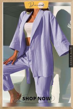 Women Casual Tracksuit Trouser Set Summer Lapel Long Sleeve Cardigan Tops+long Solid Breathable Pants Street Beach Two Piece Set Solid Color Sets With Pockets For Day Out, Solid Pant Set With Pockets For Spring, Spring Solid Pant Set With Pockets, Spring Pant Set With Pockets, Long Sleeve Sets With Pockets For Vacation, Solid Color Cotton Pant Set For Spring, Spring Loungewear Pant Set With Pockets, Cotton Pant Set For Spring, Spring Cotton Pant Set In Solid Color