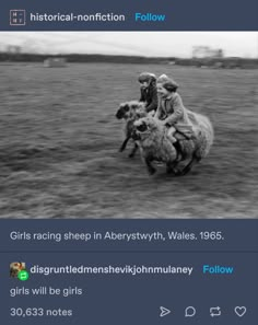 two girls riding on the back of a sheep