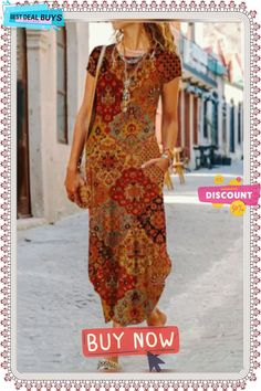 Boho Ethnic Crew Neck Dress Crew Neck Dress, Paisley Fashion, Midi Dress Casual, Crewneck Dress, Long Sleeve Short Dress, Loungewear Set, Loose Pants, Maxi Dresses Casual, Boho Casual