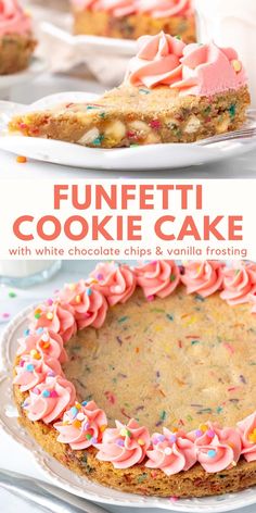 this funfetti cookie cake is made with white chocolate chips and vanilla frosting