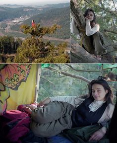 four different pictures of people sitting in the woods and one is talking on her cell phone