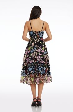 A lush garden scene is embroidered all over this figure-flattering dress in Black Multi. The Maren is topped with a slim, plunging bodice and finished with a breezy, flared skirt. Floral Applique Lace A-line Dress, Floral Print A-line Dress For Gala, Spring Gala A-line Dress, Spring A-line Evening Dress With Fitted Bodice, Floral Embellished A-line Dress With Fitted Bodice, Embroidered A-line Midi Dress For Party, Spring A-line Embroidered Party Dress, Spring Lace A-line Evening Dress, Lace A-line Dress With Floral Applique