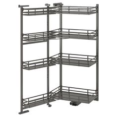 a metal shelf with three shelves on each side and two wheels attached to the bottom