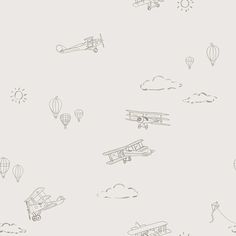 a drawing of airplanes and hot air balloons