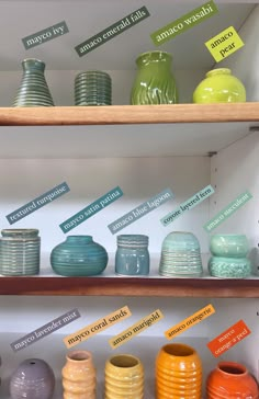 many different colored vases are on display in a shelf with labels that read, may vary