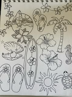 an image of a drawing on paper with flowers and surfboards