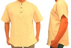 You are viewing collarless, half sleeve grandad Shirt/Kurta for casual, summer, festival, Yoga, beach or formal use. Features : ✔Material: Upto 35% Linen and rest cotton ✔Pockets :  Design A:  has One chest and one side Design B: No pocket ✔High quality fabric ✔High quality stitching ✔Use:Casual,Summer,Festival,Yoga,Beach, Formal ✔Colour: Cream/Natural White/Light Beige ✔Wash: Dry clean, or gentle washing and drying recommended Linen comes from flax plants and are biodegradable. Flax plants do n Beach Formal, Kurta Shirt, Yoga Beach, Kurta Men, Pockets Design, Cotton Plant, Fibre And Fabric, Side Design, Cotton Shirts For Men