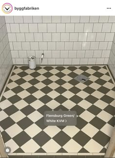 a bathroom with black and white checkered flooring on the shower wall, toilet paper dispenser next to it