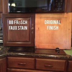 two wooden cabinets with the words bb frosch and faux stain on them