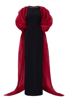 Astrid Sheath Puffy Sleeved Scuba Floor Length Dress | MEAN BLVD Puffy Dresses Long, Gown Shapes, Drapes Dress, Scuba Gown, Black And Red Dress, Organza Gown, Draped Sleeves, Organza Sleeves, Mean Blvd