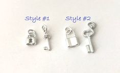 ♥ Small sterling silver lock and key charm set, these small charms comes with CLOSED jump ring attached, they work great as bracelet charms or necklace charmsProduct details:Style #1:Lock size: 6.5mm x 9mmKey size: 4.5mm x 15mmStyle #2:Lock size: 7.5mm x 12mmKey size: 7mm x 15mmColor: Shiny silver finishMaterial: 925 sterling silver♥ Please feel free to contact us if you have any questions, thank you! Silver Charm Necklace With Dangling Charms For Everyday, Silver Charm Necklace With Removable Charms For Everyday, Everyday Silver Charm Necklace With Removable Charms, Silver Charms With Removable Features For Everyday, Silver Dangle Charms For Everyday, Everyday Silver Charms With Removable Features, Silver Pendant Charms For Everyday, Everyday Silver Dangle Charms, Silver Removable Charms For Everyday