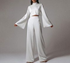 Simple Streetwear, Style Wide Leg Pants, Casual Chique, Backless Blouse, Flare Long Sleeve, Wide Trousers, Two Piece Pants Set, Vintage Flare, Silk Suit