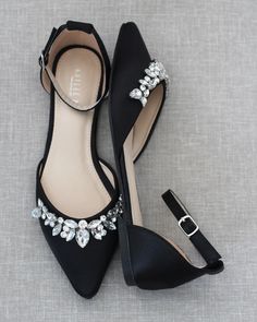 Embellished pointy toe flats with sparkly row of TEARDROP rhinestones across toe with detachable ankle strap. Comfort with simplicity perfect for brides and bridesmaids. *** YOU CAN CHOOSE STYLE: ANKLE STRAP OR ANKLE TIE AT CHECKOUT *** DETAILS: FIT: SHOES RUN LARGE, PLEASE ORDER HALF SIZE DOWN COLORS AVAILABLE: Black, Blush, Burgundy, Champagne, Light Blue, Navy, Red, Royal Blue, Ivory, and White UPPER: Synthetic upper and lining MATERIALS: Mandmade outsole ORIGIN: Imported Not sure of which si Evening Flats With Rhinestones And Pointed Toe, Flat Heel Wedding Shoes With Rhinestones For Prom, Formal Closed Toe Flats With Rhinestones, Flat Wedding Shoes With Rhinestones, Elegant Closed Toe Flats With Rhinestones, Wedding Flats With Rhinestones And Flat Heel, Formal Pointed Toe Flats With Rhinestones, Black Flat Heel Wedding Shoes, Wedding Flats With Rhinestones