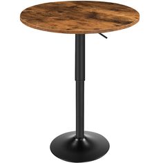 a round wooden table with black metal base and an adjustable foot rest on the top