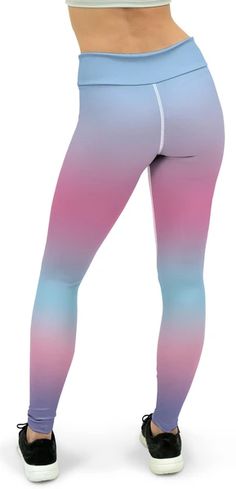 Ombre Rainbow Pastel Blue & Pink Yoga Pants Yoga Leggings With Comfort Waistband, Trendy Elastane Gym Pants, Fitted Activewear With Comfort Waistband For Yoga, High Stretch Pink Bottoms For Yoga, Pink Elastane Yoga Pants For Pilates, Trendy Full-length Gym Bottoms, Trendy Full Length Gym Bottoms, Trendy Full-length Gym Pants, Trendy Full Length Gym Pants