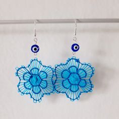 Blue Flower Dangle Earrings Handmade Paraguayan Embroidered - Etsy Netherlands Flower Dangle Earrings, Needle Lace, Blue Flower, Geometric Designs, Earthy Tones, Embroidered Lace, Earrings Handmade, True Colors, The Netherlands