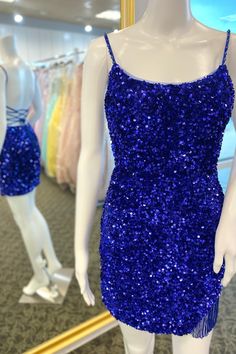 Straps Royal Blue Sequin Tassels Tight Mini Dress Royal Blue Sequin Dress Short, Blue Sequined Backless Mini Dress, Blue Sequin Bodycon Homecoming Dress, Royal Blue Mini Bodycon Dress For Party, Blue Sequin Spaghetti Strap Dress For Homecoming, Blue Sequin Dress With Spaghetti Straps For Homecoming, Blue Backless Sequin Dress For Night Out, Fitted Royal Blue Sequin Mini Dress, Fitted Royal Blue Mini Dress With Sequins