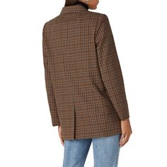 Brown houndstooth printed polyester (49% Polyester, 49% Viscose, 2% Elastane). Blazer jacket. Long sleeves. Front button placket. Front pockets. 30.5" from shoulder to hemline. Imported. Plaid Outerwear With Concealed Placket For Business Casual, Plaid Outerwear With Patch Pockets For Business Casual, Business Casual Plaid Outerwear With Welt Pockets, Plaid Long Sleeve Outerwear With Concealed Placket, Tailored Houndstooth Outerwear With Lapel Collar, Business Casual Houndstooth Outerwear With Notch Lapel, Plaid Notch Lapel Outerwear For Business Casual, Collared Business Casual Blazer For Fall, Collared Blazer For Business Casual In Fall