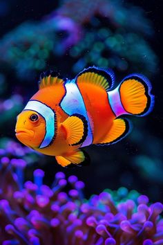 an orange and blue clown fish swimming in the water near some purple corals,