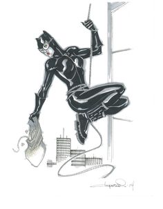 a drawing of a catwoman hanging from a pole