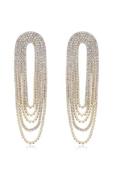 Get ready for a sparkling date night with the Crystal Drape Fringe Earrings. 18K gold plated for a touch of glamour, these earrings will catch everyone's eye (and maybe even reflect a kiss or two). Perfect for a special occasion or everyday wear, these will become your new favorite! 18k gold-plated metal with clear crystals Post-back closure Measures approx 1" W x 3.75" dangling Glamorous Gold Plated Crystal Earrings For Party, Luxury Dangle Hoop Earrings For Party, Gold Chandelier Earrings With Sparkling Stones For Anniversary, Dazzling Gold Diamond Pierced Earrings, Gold Diamond Hoop Earrings For Evening, Formal Yellow Gold Earrings With Sparkling Stones, Dazzling Gold Diamond Earrings, Formal Yellow Gold Sparkling Earrings, Gold Crystal Chandelier Earrings For Anniversary