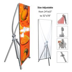 an orange and white banner stand with four different pictures on it's sides, including two