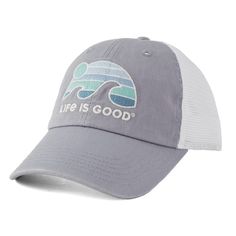 Your favorite Chill Cap with a soft mesh back. Fabric and garment washed, featuring artwork up front and a snap in the back. 100% Cotton 8.26 oz. Fabric and garment washed for softness Soft mesh Snapback with Life is Good® label on the back Six panel unstructured low-mid crown with six rows of stitching on brim. Imported | Life is Good Sunset Wave LIG Soft Mesh Back Cap in Stone Blue Casual Hat With Mesh Back And Curved Visor, Casual Gray Trucker Hat With Embroidered Logo, Casual Trucker Hat With Mesh Back And Curved Visor, Casual Trucker Hat With Mesh Back And Curved Bill, Casual Mesh Back Baseball Cap, Casual Trucker Hat With Mesh Back, Casual Snapback Hat With Mesh Back, Casual Summer Baseball Cap With Mesh Back, Breathable Casual Trucker Hat