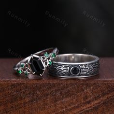 Here we have a Celtic Black Onyx Couples Ring Silver Matching Ring Set Mens Gothic Tree Bark Ring His and Hers Wedding Band Antique Promise Ring Set. ITEM DESCRIPTION ✦ Handmade, high-quality item! ✦ Material: Sterling Silver/10K/14K/18K/Platinum ►Sold as a two-piece set ►His ring is Oxidized Silver (Vintage/Antique Look) with tree bark design black onyx inlay. ►His band width: 6mm ►Please feel free to contact me for other band colors. ►Her ring is 925 Sterling Silver.(can be made in 10/14/18k w Gothic Tree, Celtic Wedding Ring Sets, Fairytale Engagement Rings, Couple Rings Silver, Antique Promise Rings, Matching Ring Set, Bark Ring, Gothic Wedding Rings, Couples Ring