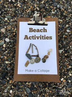 a sign that says beach activities make a collage with rocks and shells on it