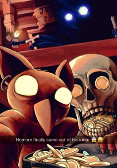 an image of a cartoon scene with a cat and a skull eating from a plate