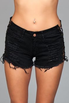 Denim shorts with lace up side details and distressed details on front and back - button and zipper closure. Denim Shorts With Lace, Lace Denim Shorts, Shorts With Lace, Distressed Shorts, Black Shop, Shorts Black, Women Clothing, Denim Shorts, Lace Up