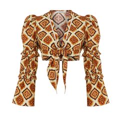 Long Sleeve Crop Top With Puff Sleeves And Ruched Shoulders. Front Tie Closure.Bohemian Print In Brown And Yellows. Excellent Used Condition. Looks Unworn. Bohemian: Traditional Silhouettes With Sun Scorched Hues From The Past Warm Our Hearts In The Present. Forms That Represent Power And Femininity Meet Warm Colors. Spring / Summer Collections Bloom As Complementing Kimonos Offer An Update To Your Personal Style. 50% Rayon 45% Viscose 5% Silk Machine Wash Cold; Do Not Tumble Dry; Iron Low; Dry Chic Yellow V-neck Crop Top, Chic Printed Yellow Tops, Chic Yellow Printed Top, Fitted Blouse With Boho Print For Beach, Fitted Boho Print Blouse For Beach, Yellow Printed Tops For Festival, Yellow Printed Festival Tops, Fitted Yellow Printed Blouse, Yellow V-neck Crop Top For Beach