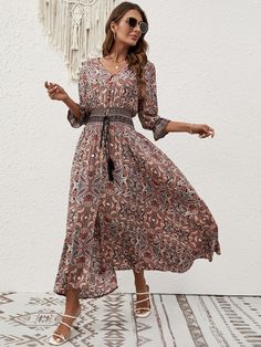 F00257608-102 Casual Flowy Midi Dress For Beach Cover-up, Flowy Casual Midi Dress For Beach Cover-up, V-neck Midi Dress With Paisley Print For Beach, Casual Boho Print Sundress As Beach Cover-up, Casual Boho Dress With Print For Garden Party, Bohemian V-neck Midi Dress For Vacation, Bohemian V-neck Midi Dress With Boho Print, V-neck Boho Dress With Paisley Print For Vacation, Bohemian Spring Dresses With Paisley Print