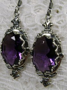 Purple Amethyst Earrings, Edwardian Jewelry, Pin Design#E18 with traditional Ear Wire Closures Ornate Purple Jewelry With Matching Earrings, Ornate Purple Drop Earrings, Ornate Purple Dangle Jewelry, Ornate Purple Pierced Earrings, Vintage Amethyst Purple Earrings, Ornate Purple Sterling Silver Earrings, Formal Amethyst Gemstone Earrings, Amethyst Gemstone Earrings For Formal Occasions, Classic Oval Lavender Jewelry