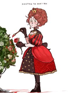 a drawing of a woman in a red dress holding a rose next to a potted plant