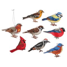 six colorful birds hanging from strings on a white background