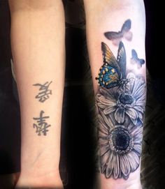 two people with tattoos on their arms and one has a blue butterfly sitting on top of a flower