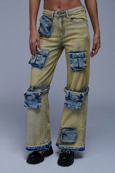 IGGY CARGO POCKET WIDE LEG JEAN Urban Cargo Jeans With Belt Loops In Medium Wash, Light Wash Utility Jeans, Mid-rise Light Wash Cargo Jeans, Trendy Rigid Denim Cargo Jeans With Belt Loops, Mid-rise Utility Flare Jeans With Belt Loops, Trendy Cargo Jeans In Rigid Denim, Trendy Medium Wash Cargo Jeans With Belt Loops, Trendy Cargo Jeans With Belt Loops, Wide Leg Denim Blue Cargo Jeans With Belt Loops