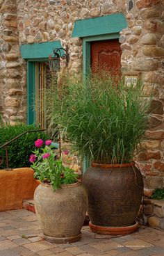 two large pots with plants in front of a stone building