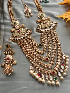 Bridal Designer Multicolor 22k gold plated Maharani Gold Tayani Premium Necklace Haram set with Maangtikka. 22k Gold Meenakari Chandbali Jewelry Sets, Gold Temple Jewelry With Hand Set Details, Bollywood 22k Gold Jewelry Sets For Diwali, Bollywood Style 22k Gold Jewelry Sets For Diwali, 22k Gold Tilla Jewelry Set For Festive Season, Traditional Hand Set Bridal Sets With Chandbali Shape, Festive 22k Gold Jewelry Sets With Tilla, Gold Kundan Necklace With Meenakari In Traditional Drape, Festive Kundan Set With Intricate Design