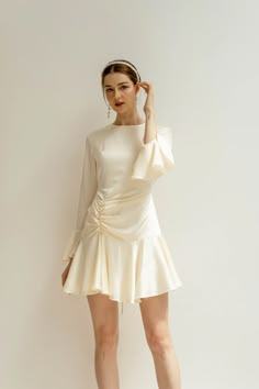 Astrid Satin Mini Dress Short Wedding Dress With Long - Etsy Vietnam Short Wedding Dress Long Sleeves, Long Sleeve Ruffled Mini Dress For Wedding, Feminine Cream Dress With Ruffled Skirt, Short Satin Dress With Sleeves, Short Long Sleeve White Dress, Feminine Ruched Mini Dress For Wedding, Fitted Dress With Ruffle Hem For Wedding, Evening Cream Dress With Ruffles, Chic Fitted Ruffle Dress For Wedding