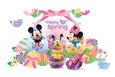 two mickey mouses sitting on top of an easter egg with the words happy spring