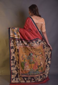 Hand painted kalamkari and orissa patachitra fusion in pur tussar sari with blouse piece not readymade. Digital Saree, Jamini Roy, Painted Saree, Old Man Portrait, Kalamkari Blouse, Kantha Sarees, Street Pictures, Kalamkari Painting, Hand Painted Sarees