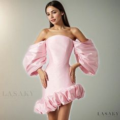 Lasaky - Chic Off-Shoulder Bodycon Mini Party Dress with Asymmetrical Ruffle Hem and Bubble Sleeves in Luxurious Satin Little Pink Dress, Socialite Style, Vestidos Color Rosa, Style Français, Puff Dress, Evening Dresses Short, فستان سهرة, Short Prom Dress, Strapless Mini Dress