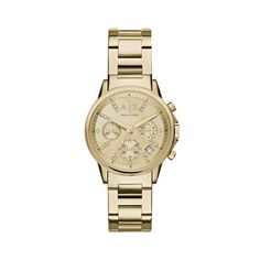 Armani Exchange ladies' collection hallmark Lady Banks delivers truly irresistible style in a 36mm gold-tone stainless steel case with Swarovski stone indexes on a mother-of-pearl dial. The bracelet secures with a push button fold-over safety clasp. Elegant Gold-tone Watch With Round Dial, Elegant Gold Watch With Analog Display, Elegant Gold Watches With Analog Display, Elegant Gold Analog Display Watches, Elegant Analog Display Watches For Anniversary, Elegant Anniversary Watch With Analog Display, Elegant Gold Watches With Subdials, Classic Gold Diamond Watch With Chronograph, Elegant Yellow Gold Diamond Watch With Chronograph