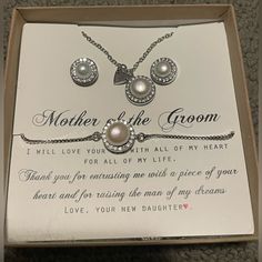 Mother Of Groom Jewelry Set. Never Used. Never Even Taken Out Of Package Except For Pictures. Very Beautiful Details With Sparkling Accents. Heartfelt Message Inside Comes With Box And Ribbon Smoke Free Home Groom Jewelry, Mother Of The Bride Jewelry, Mother Of The Groom Gift, Mother Of Groom, Mother Of The Groom Gifts, Mother Of Groom Dresses, Wedding Idea, Groom Gift, Groom Dress