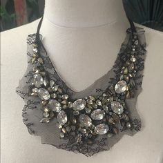 Vera Wang Lace And Jewel Bib Necklace - Black And Silver Colors. One Jewel Missing But Not Very Noticeable, You Can Also Take From One Of The Side Jewels And Replace It Embellished Choker Necklace, Elegant Embellished Necklaces For Evening, Elegant Crystal Embellished Necklace, Elegant Embellished Evening Jewelry, Elegant Embellished Party Necklaces, Elegant Silver Bib Necklace With Rhinestones, Elegant Beaded Bib Necklace For Evening, Evening Embellished Crystal Necklace, Elegant Black Necklace With Jewels