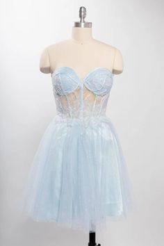 Embroidered short strapless sweetheart corset dress Sweetheart Corset, Embroidered Shorts, Corset Dress, Homecoming Dresses, Lilac, Light Blue, Dresses, Blue