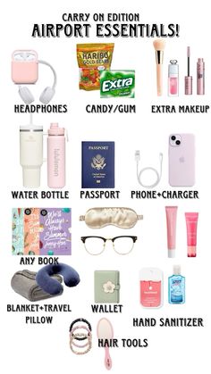 the contents of an airport essentials bag with text that says carry on travel essentials